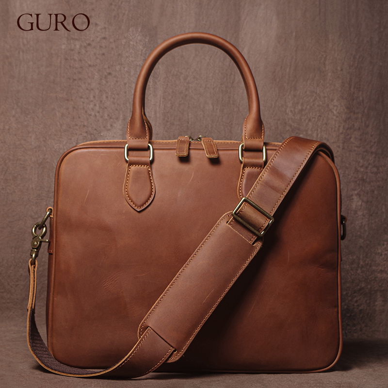 Luxury Bags For Men - GURO Men Crazy Horse Cowhide Briefcase
